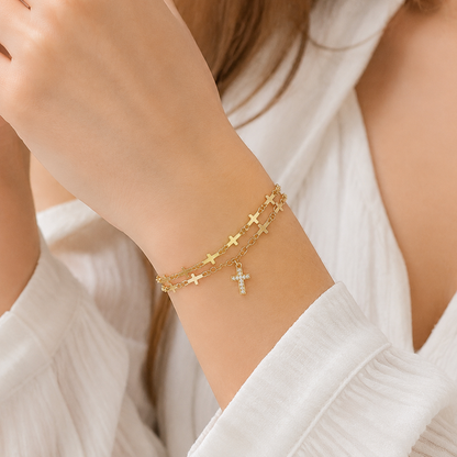 Double Layer Cross Charm Bracelet for Women – Gold Tone Faith Inspired Jewelry