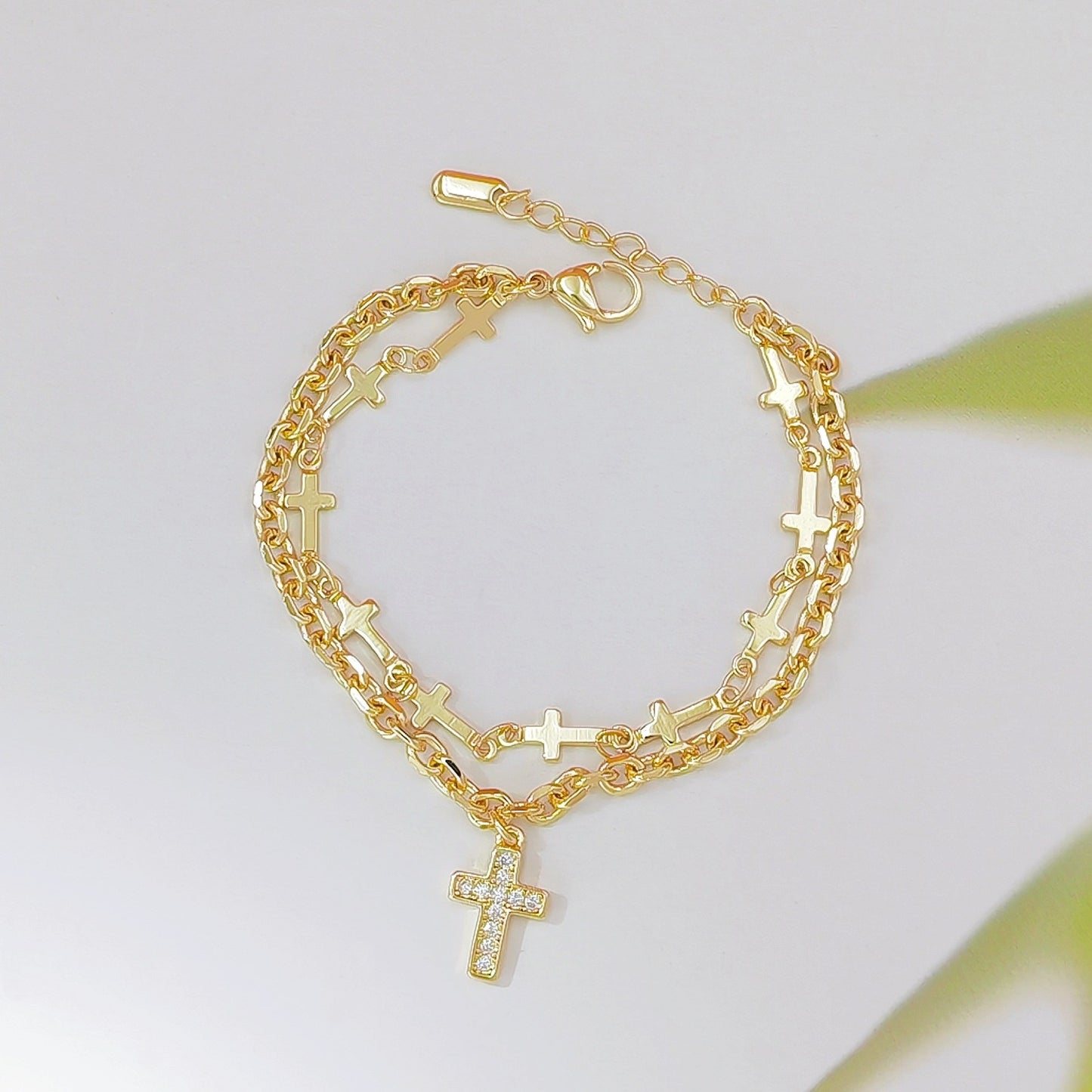 Double Layer Cross Charm Bracelet for Women – Gold Tone Faith Inspired Jewelry