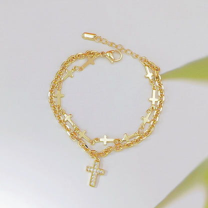 Double Layer Cross Charm Bracelet for Women – Gold Tone Faith Inspired Jewelry