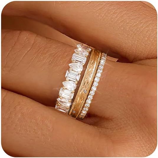 NOSBELLA Gold Stackable Ring Set for Women | 3 Piece Rhinestone Layering Rings