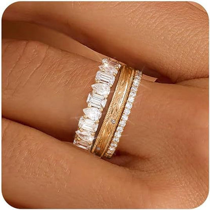 NOSBELLA Gold Stackable Ring Set for Women | 3 Piece Rhinestone Layering Rings