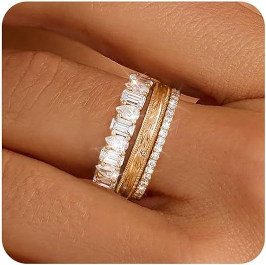 NOSBELLA Gold Stackable Ring Set for Women | 3 Piece Rhinestone Layering Rings