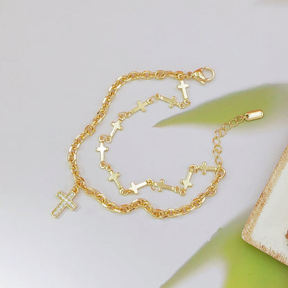 Double Layer Cross Charm Bracelet for Women – Gold Tone Faith Inspired Jewelry