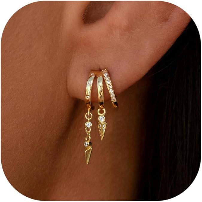 Gold Dangle Earrings for Women, Rhinestone Charm Huggie Hoop Earrings, Elegant Everyday Jewelry