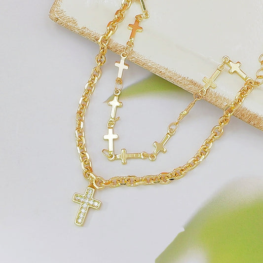 Double Layer Cross Charm Bracelet for Women – Gold Tone Faith Inspired Jewelry