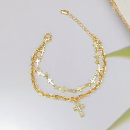Double Layer Cross Charm Bracelet for Women – Gold Tone Faith Inspired Jewelry