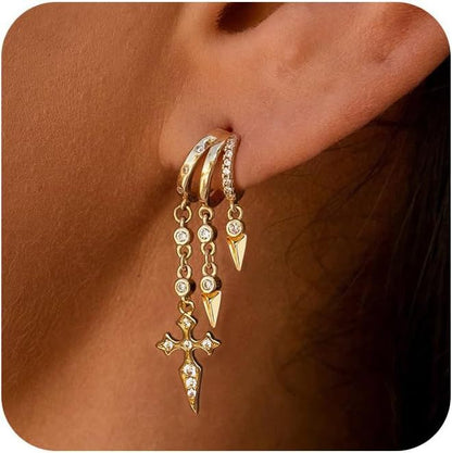 Gold Dangle Earrings for Women, Rhinestone Charm Huggie Hoop Earrings, Elegant Everyday Jewelry