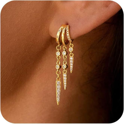 Gold Dangle Earrings for Women, Rhinestone Charm Huggie Hoop Earrings, Elegant Everyday Jewelry