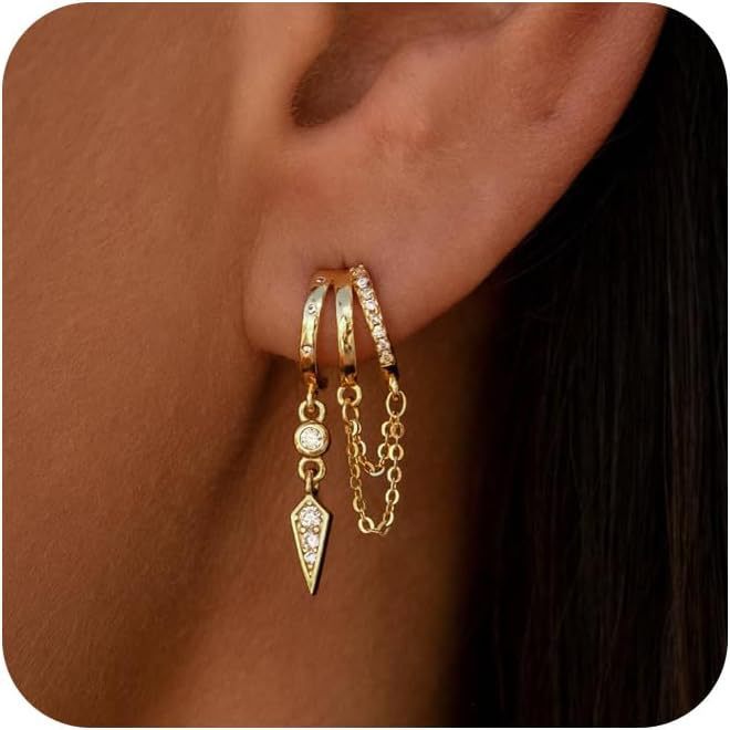 Gold Dangle Earrings for Women, Rhinestone Charm Huggie Hoop Earrings, Elegant Everyday Jewelry